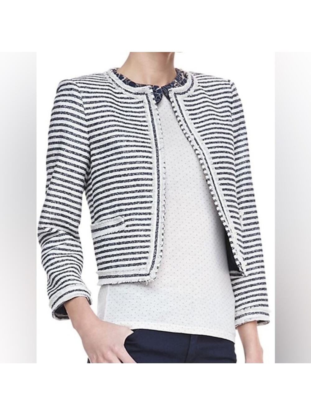 Alice + Olivia Kidman Tweed Fringed Metallic Threads Jacket - Small measured
